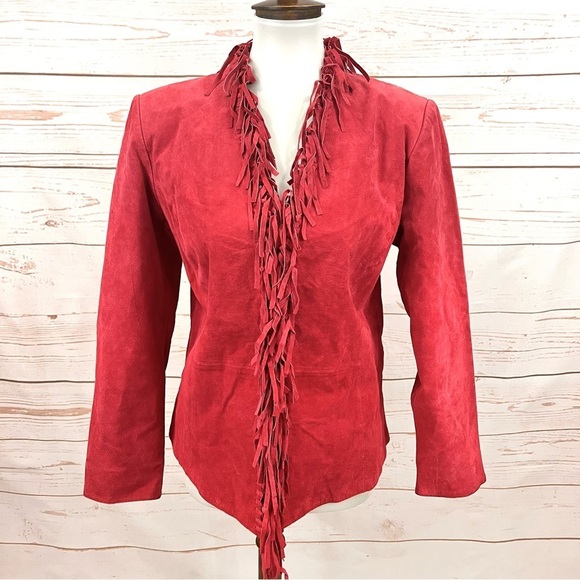 Vintage 90’s Boho Red Leather Suede Frontier Western Fringe Jacket - Picture 1 of 9